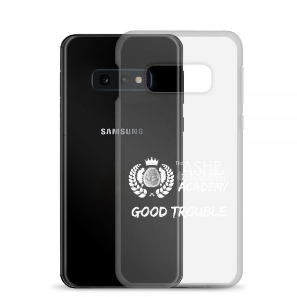 Samsung Galaxy S10e White Good Trouble Clear Phone Case standing in front of the S10e The Ashe Academy Store