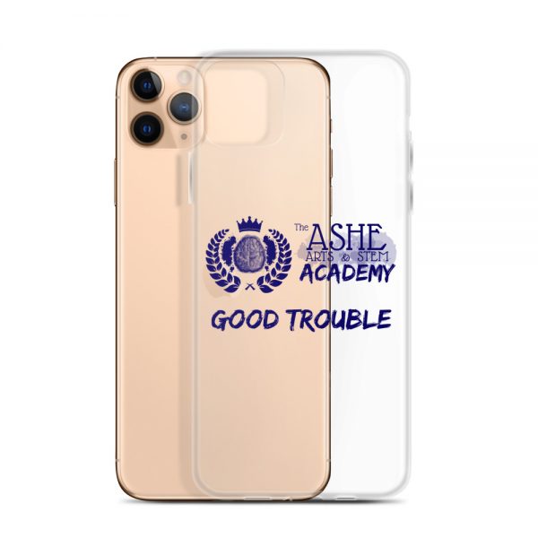 iPhone 11 Pro Max Blue Good Trouble Clear Phone Case standing in front of the Rose Gold iPhone 11 Pro Max The Ashe Academy Store