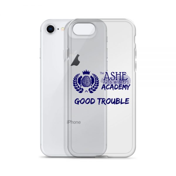 iPhone 7/8 Blue Good Trouble Clear Phone Case standing in front of the Silver iPhone 7/8 The Ashe Academy Store
