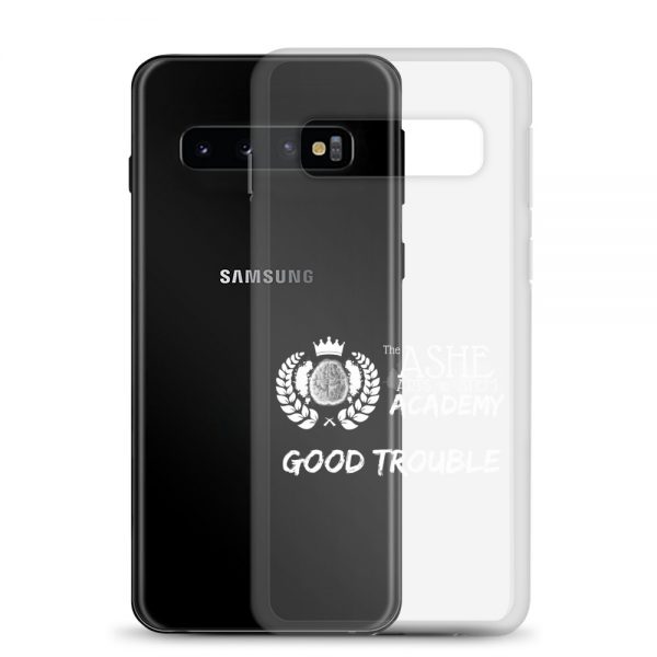 Samsung Galaxy S10 White Good Trouble Clear Phone Case standing in front of the S10 The Ashe Academy Store