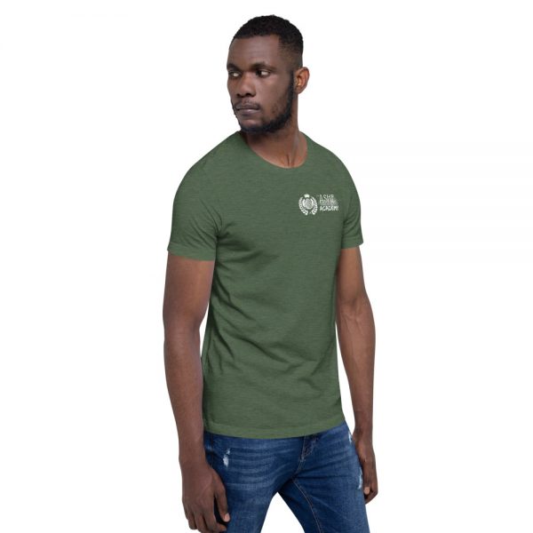 Man wearing Heather Forest short sleeve Social Distancing T-Shirt facing left The Ashe Academy Store