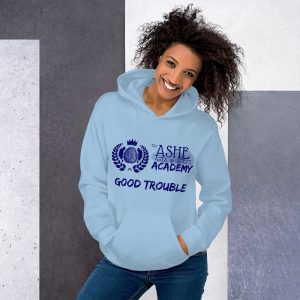 Woman wearing Light Blue Good Trouble Hoodie standing at an angle front view The Ashe Academy Store