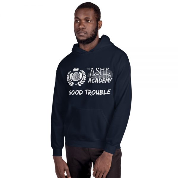 Man wearing Navy Good Trouble Hoodie facing right The Ashe Academy Store