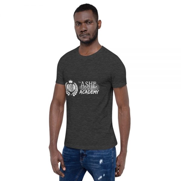 Man wearing Dark Grey Heather short sleeve Social Distancing T-Shirt facing right The Ashe Academy Store