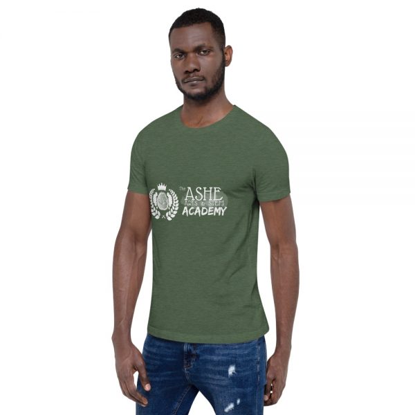 Man wearing Heather Forest short sleeve Social Distancing T-Shirt facing right The Ashe Academy Store