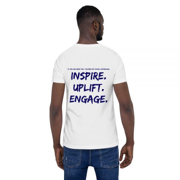 Man wearing White short sleeve Social Distancing T-Shirt back view The Ashe Academy Store