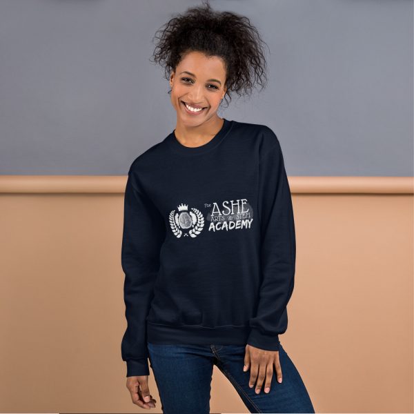 Woman with hair up wearing Navy Sweatshirt standing at an angle front view The Ashe Academy Store