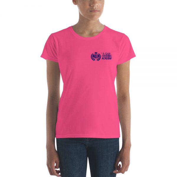 Woman wearing Hot Pink short sleeve Social Distancing T-Shirt front view The Ashe Academy Store