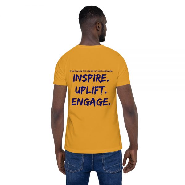 Man wearing Mustard short sleeve Social Distancing T-Shirt back view The Ashe Academy Store