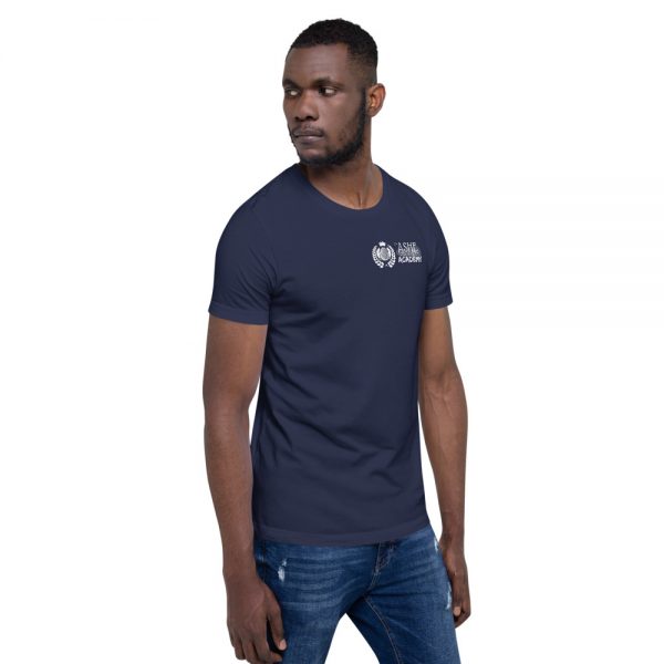 Man wearing Navy short sleeve Social Distancing T-Shirt facing left The Ashe Academy Store