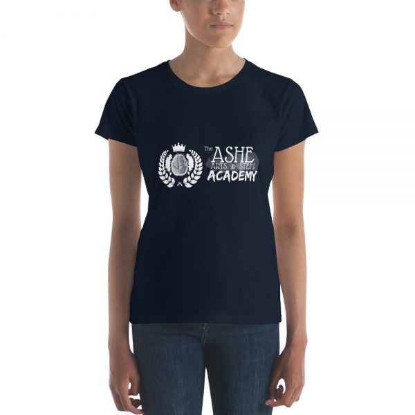 Woman wearing Navy short sleeve Social Distancing T-Shirt The Ashe Acadeny Store