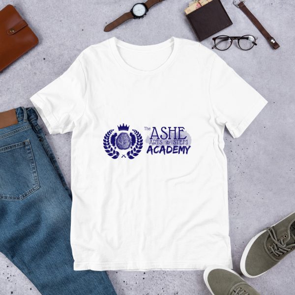 Men's White short sleeve Social Distancing T-Shirt laying down on pants The Ashe Academy Store