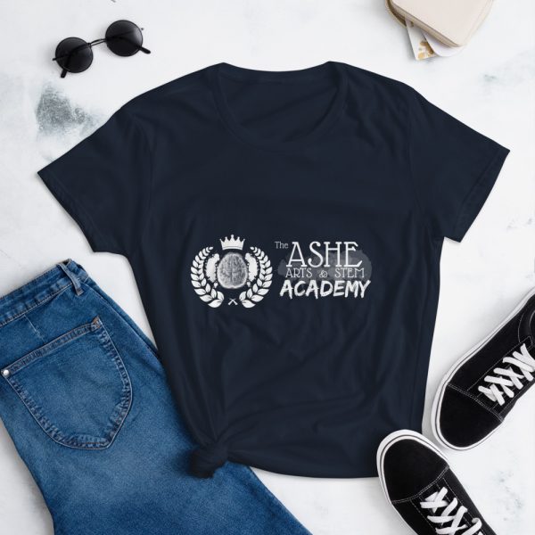 Women's Navy short sleeve Social Distancing T-Shirt laying down on pants The Ashe Academy Store