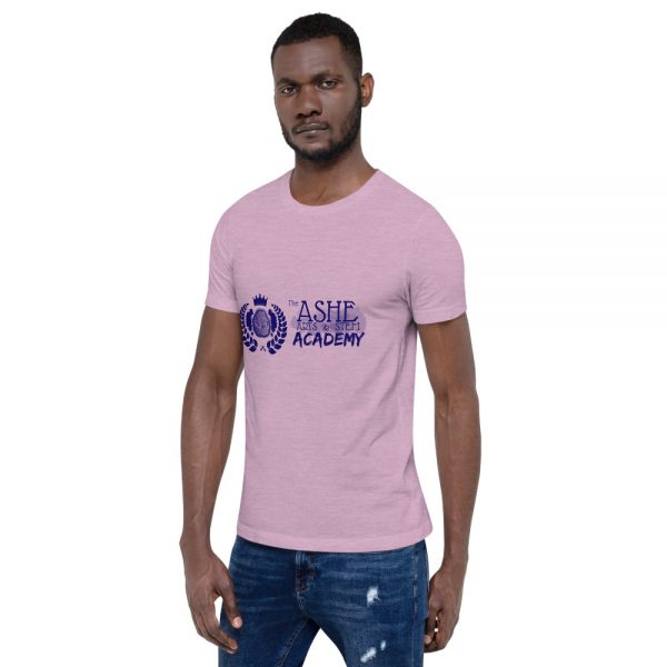 Man wearing Heather Prism Lilac short sleeve Social Distancing T-Shirt facing right The Ashe Academy Store