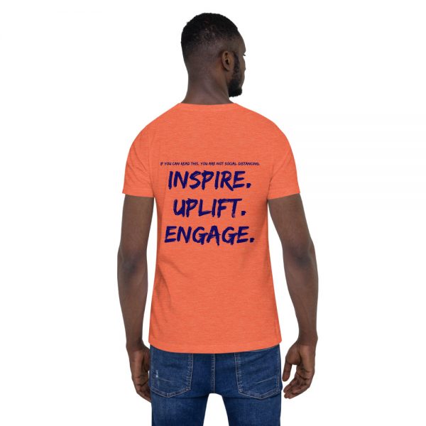 Man wearing Heather Orange short sleeve Social Distancing T-Shirt back view The Ashe Academy Store