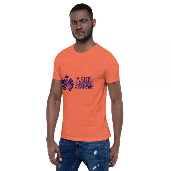 Man wearing Heather Orange short sleeve Social Distancing T-Shirt facing right The Ashe Academy Store