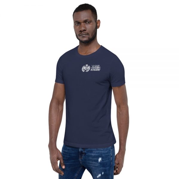 Man wearing Navy short sleeve Social Distancing T-Shirt facing right The Ashe Academy Store