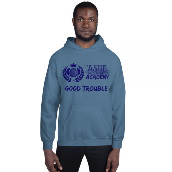 Man wearing Indigo Blue Good Trouble Hoodie front view The Ashe academy store