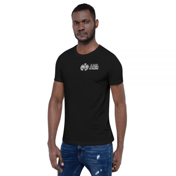 Man wearing Black short sleeve Social Distancing T-Shirt facing right The Ashe Academy Store