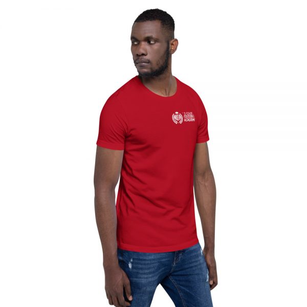 Man wearing Red short sleeve Social Distancing T-Shirt facing left The Ashe Academy Store