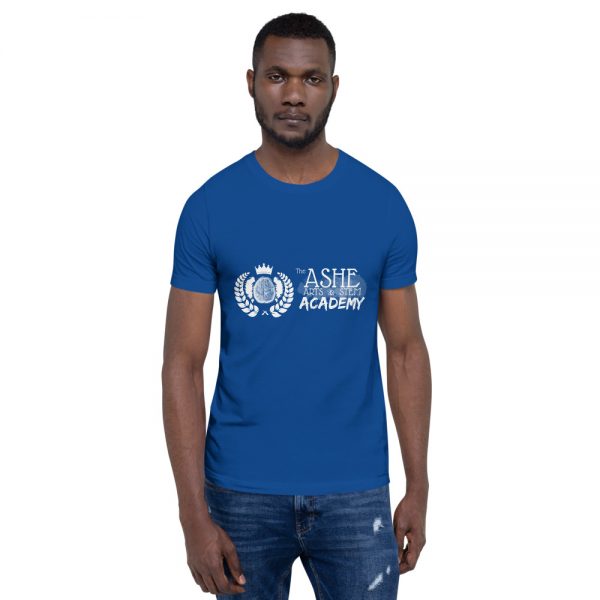 Man wearing True Royal short sleeve Social Distancing T-Shirt front view The Ashe Academy Store