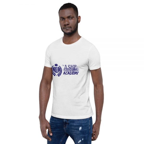 Man wearing White short sleeve Social Distancing T-Shirt facing right The Ashe Academy Store