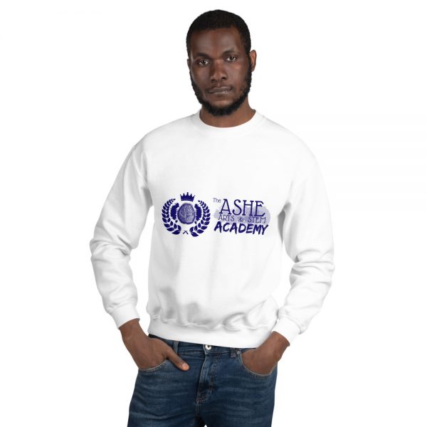 Man wearing White Sweatshirt front view The Ashe Academy Store