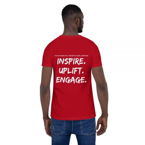 Man wearing Red short sleeve Social Distancing T-Shirt back view The Ashe Academy Store