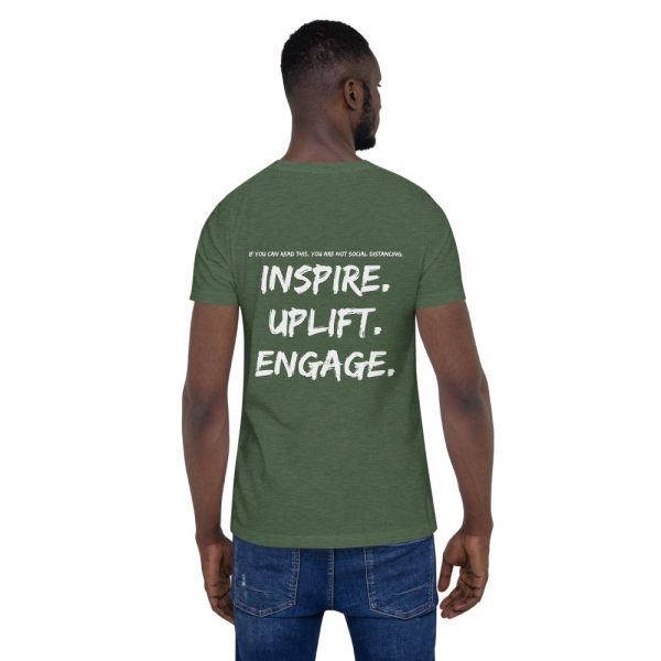 Man wearing Heather Forest short sleeve Social Distancing T-Shirt back view The Ashe Academy Store