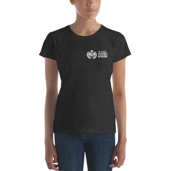 Woman wearing Heather Dark Grey short sleeve Social Distancing T-Shirt front view The Ashe Academy Store
