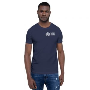 Man wearing Navy short sleeve Social Distancing T-Shirt front view The Ashe Academy Store