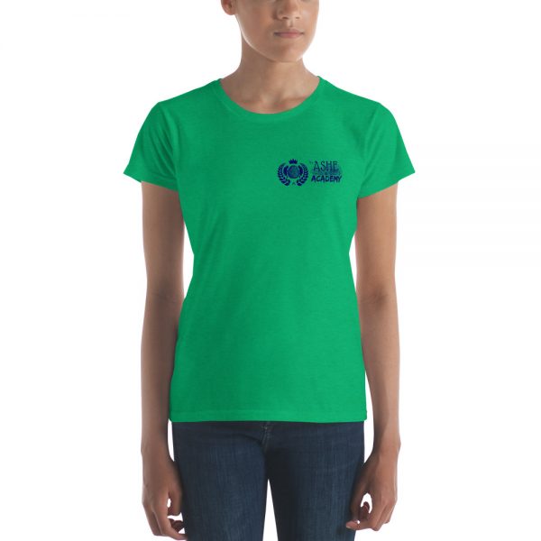 Woman wearing Heather Green short sleeve Social Distancing T-Shirt front view The Ashe Academy Store