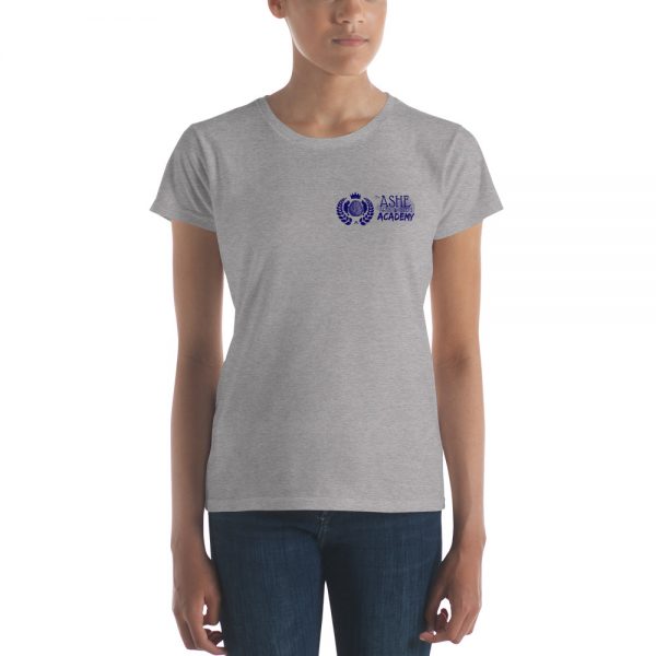 Woman wearing Heather Grey short sleeve Social Distancing T-Shirt front view The Ashe Academy Store
