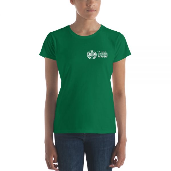 Woman wearing Kelly Green short sleeve Social Distancing T-Shirt front view The Ashe Academy Store