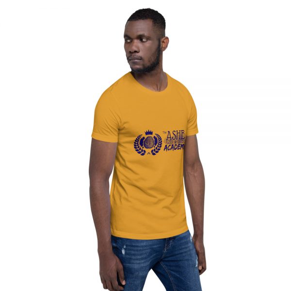 Man wearing Mustard short sleeve Social Distancing T-Shirt facing left The Ashe Academy Store