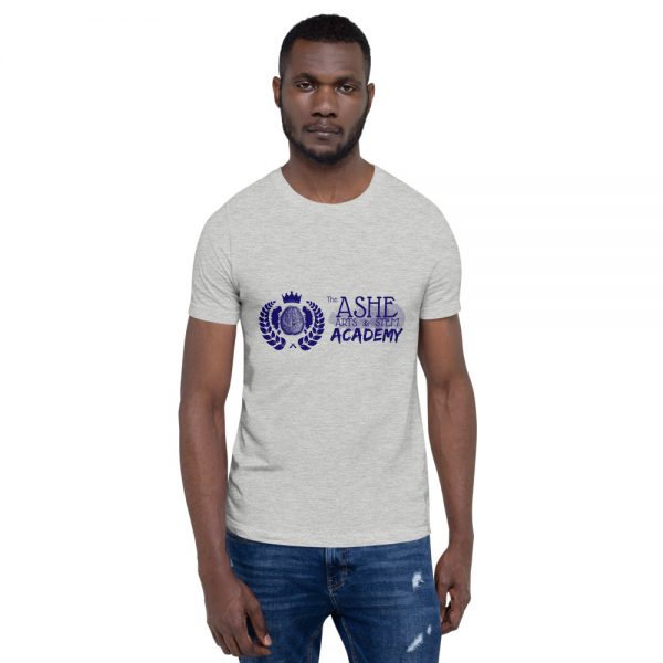 Man wearing Athletic Heather short sleeve Social Distancing T-Shirt front view The Ashe Academy Store