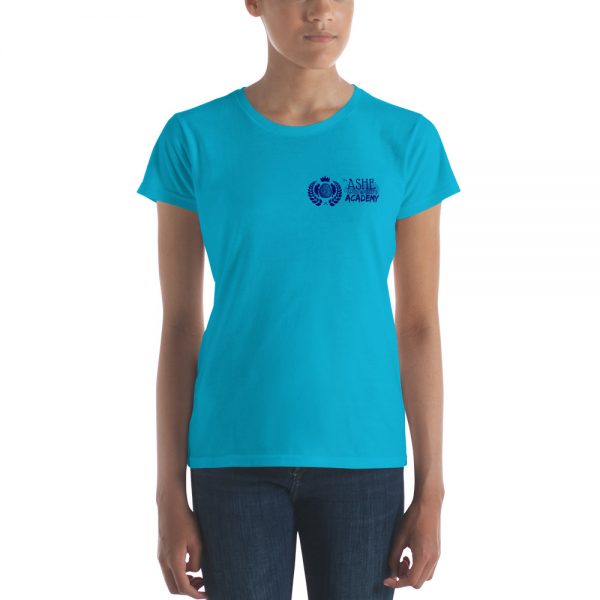 Woman wearing Caribbean Blue short sleeve Social Distancing T-Shirt front view The Ashe Academy Store
