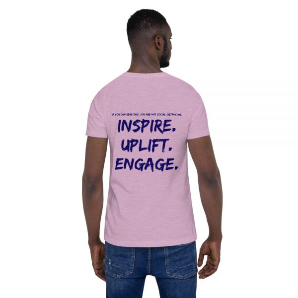 Man wearing Heather Prism Lilac short sleeve Social Distancing T-Shirt back view The Ashe Academy Store