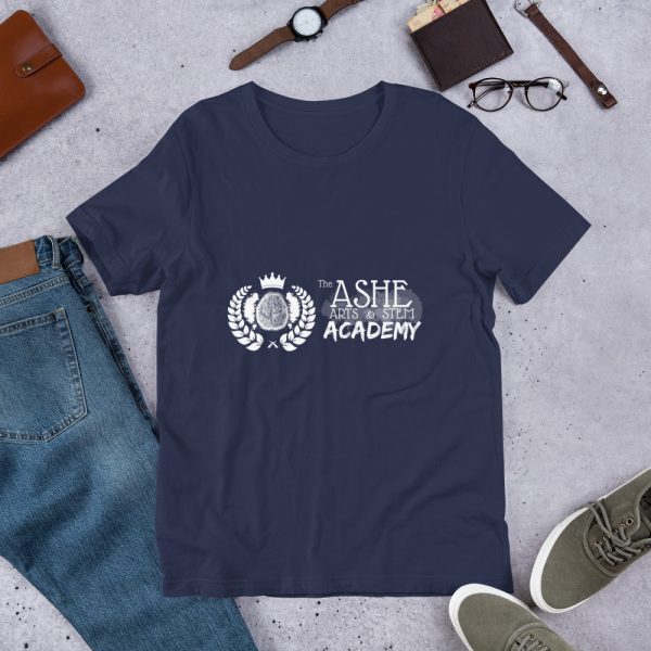 Men's Navy short sleeve Social Distancing T-Shirt laying down on pants The Ashe Academy Store