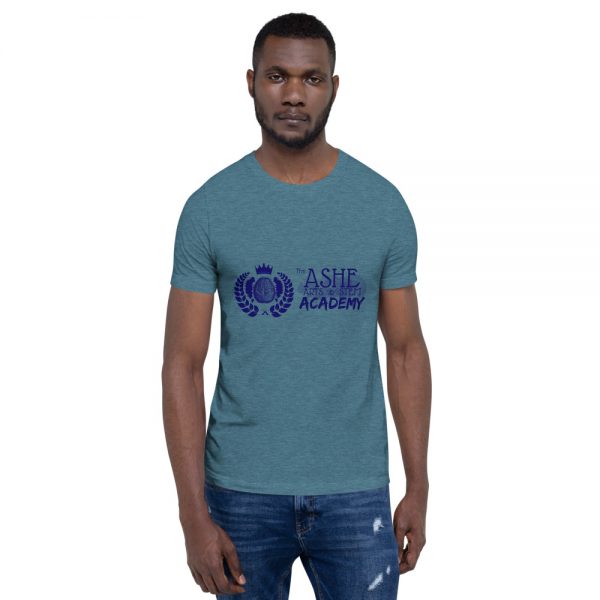 Man wearing Heather Deep Teal short sleeve Social Distancing T-Shirt front view The Ashe Academy Store
