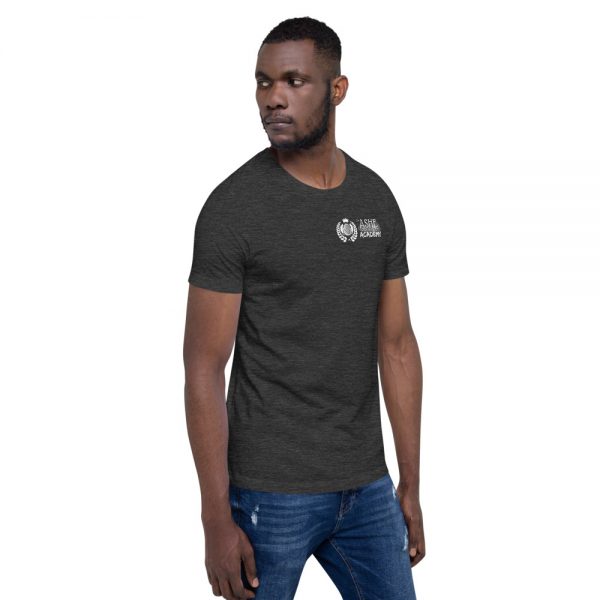 Man wearing Dark Grey Heather short sleeve Social Distancing T-Shirt facing left The Ashe Academy Store