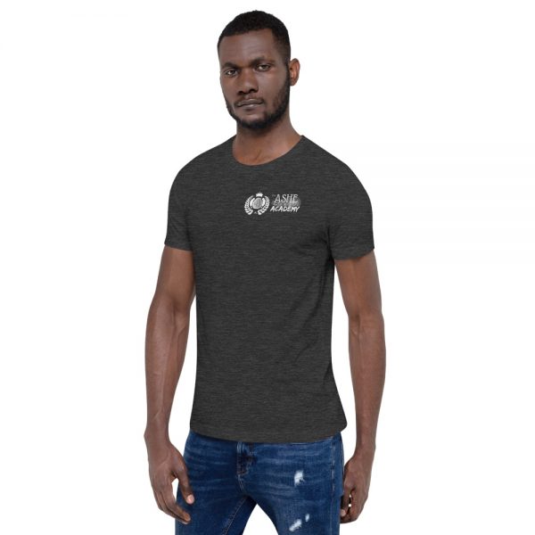 Man wearing Dark Grey Heather short sleeve Social Distancing T-Shirt facing right The Ashe Academy Store