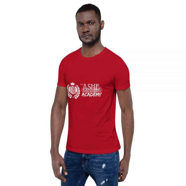 Man wearing Red short sleeve Social Distancing T-Shirt facing right The Ashe Academy Store