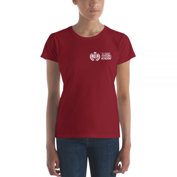 Woman wearing Independnce Red short sleeve Social Distancing T-Shirt front view The Ashe Academy Store