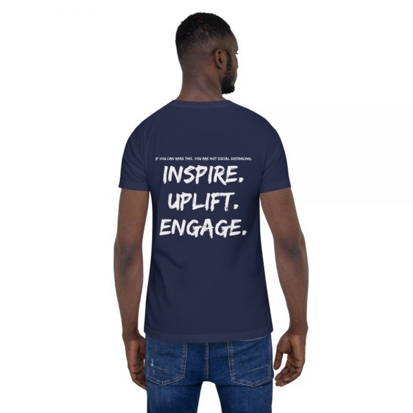 Man wearing Navy short sleeve Social Distancing T-Shirt back view The Ashe Academy Store