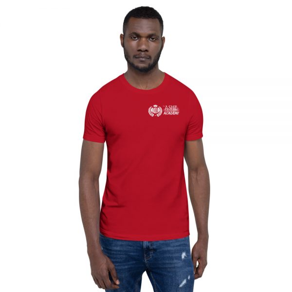 Man wearing Red short sleeve Social Distancing T-Shirt front view The Ashe Academy Store