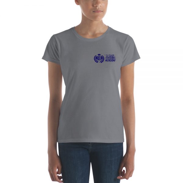 Woman wearing Storm Grey short sleeve Social Distancing T-Shirt front view The Ashe Academy Store