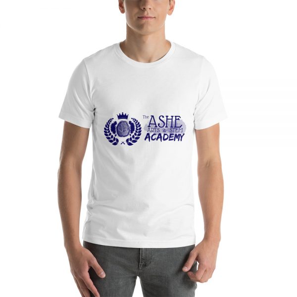 Man wearing White short sleeve Social Distancing T-Shirt and grey jeans front view The Ashe Academy Store