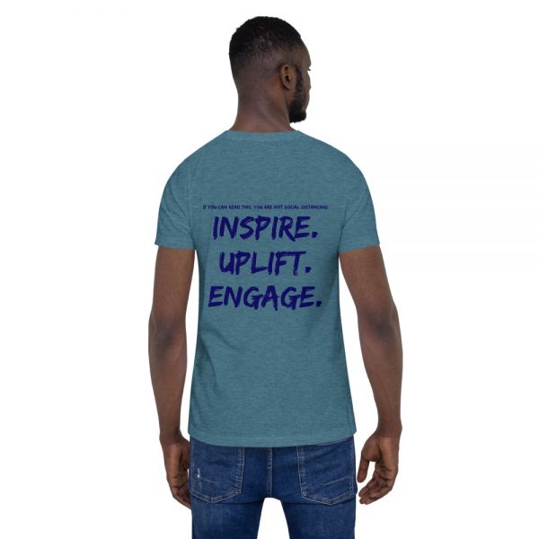 Man wearing Heather Deep Teal short sleeve Social Distancing T-Shirt back view The Ashe Academy Store