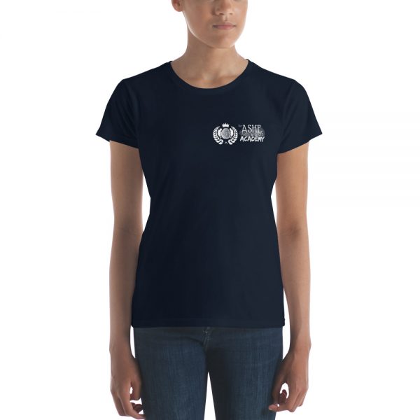 Woman wearing Navy short sleeve Social Distancing T-Shirt front view The Ashe Academy Store